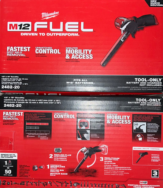 Milwaukee M12 Fuel 1/2” x 18” Bandfile Tool. Model #2482-20