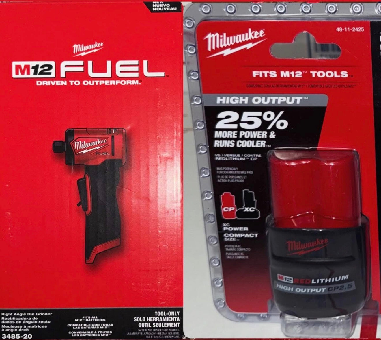 Milwaukee M12 Fuel 1/4in Right Angle Die Grinder w/CP2.5 High Output Battery! Model #3485-20 & 48-11-2425