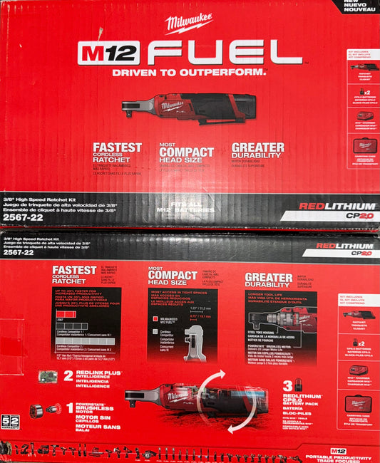 Milwaukee M12 Fuel 3/8” High Speed Ratchet Kit. Model #2567-22.