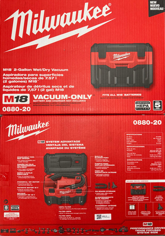 Milwaukee M18 2-Gallon Wet/Dry Vacuum. Model #0880-20