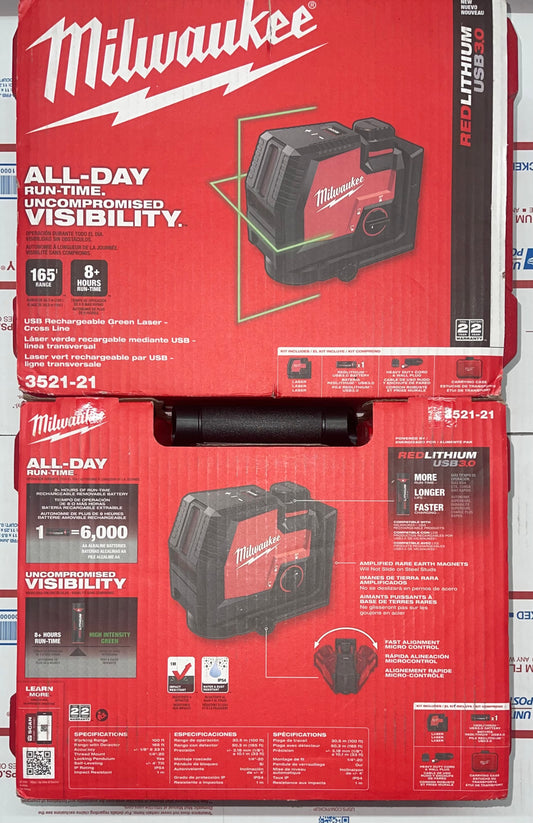 Milwaukee USB Rechargeable Green Laser Cross Line Set. Model #3521-21