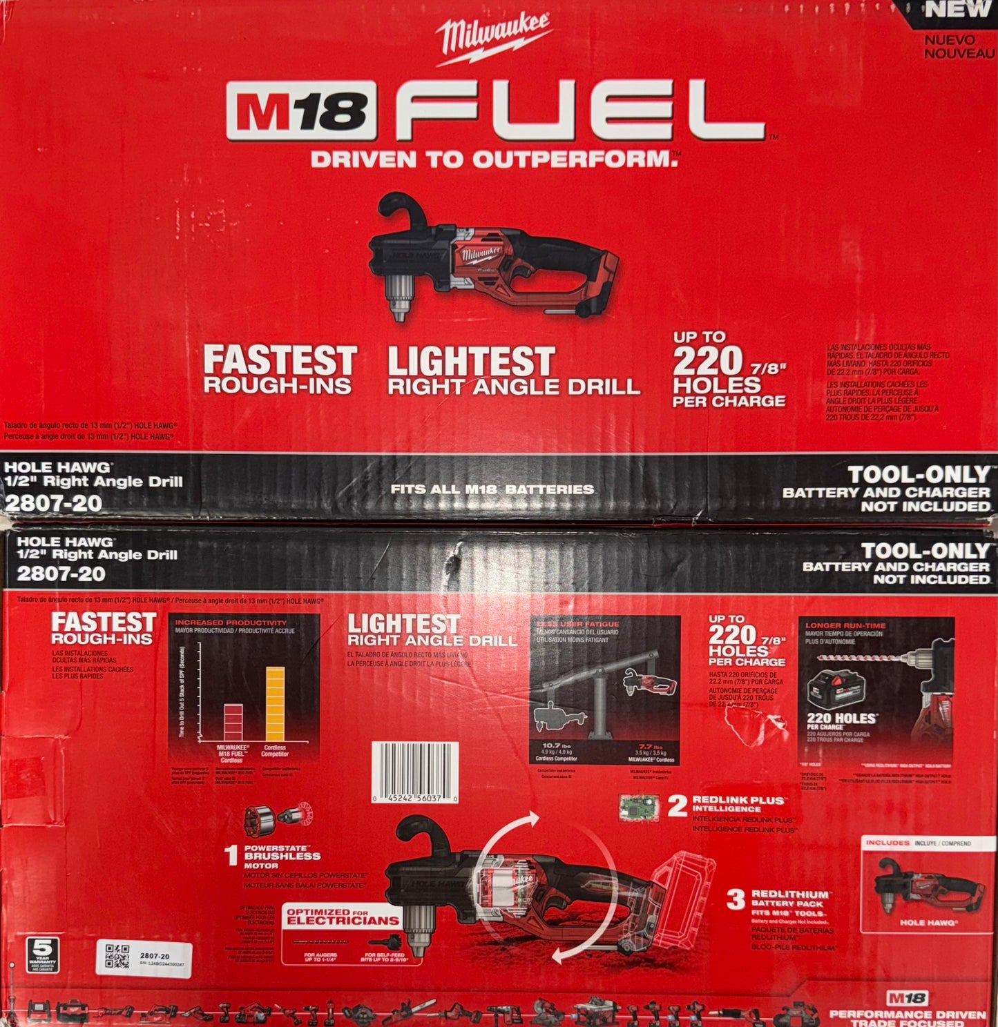 Milwaukee M18 Fuel Hole Hawg 1/2” Right Angle Drill. Model #2807-20