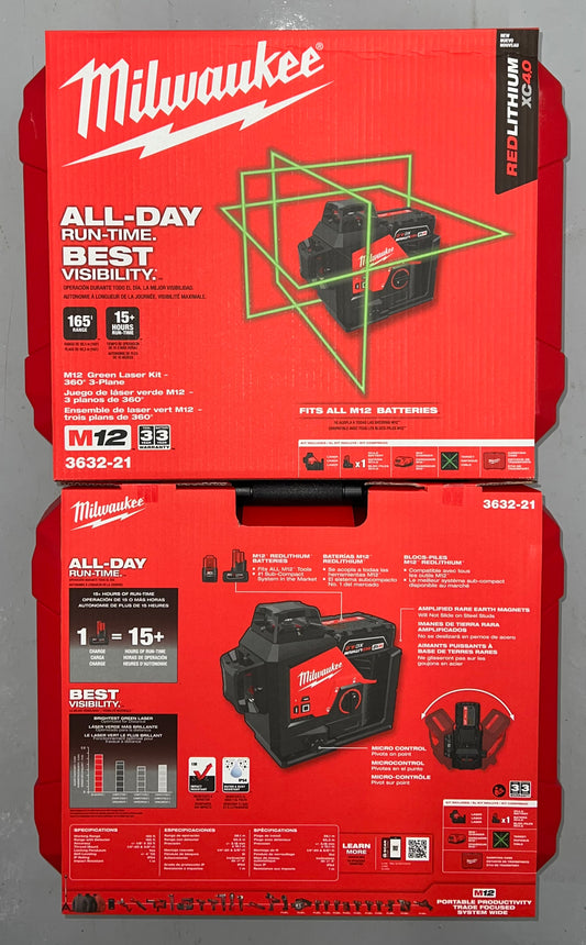 Milwaukee M12 Green Laser Kit. 360 Degree-3 Plane. Model #3632-21