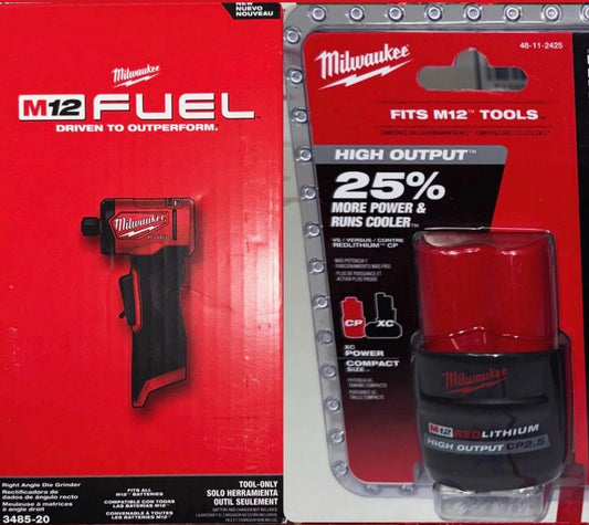 Milwaukee M12 Fuel 1/4in Right Angle Die Grinder w/CP2.5 High Output Battery! Model #3485-20 & 48-11-2425