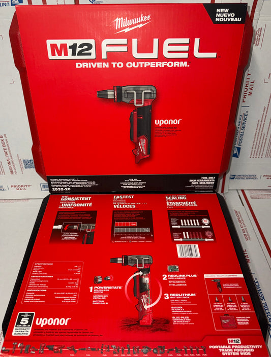 Milwaukee M12 Fuel ProPex Expander Tool w/ 1/2”-1” Rapid Seal ProPex Expander Heads. Model #2532-20