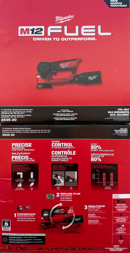 Milwaukee M12 Fuel 3” Random Orbit Detail Sander. Model #2535-20