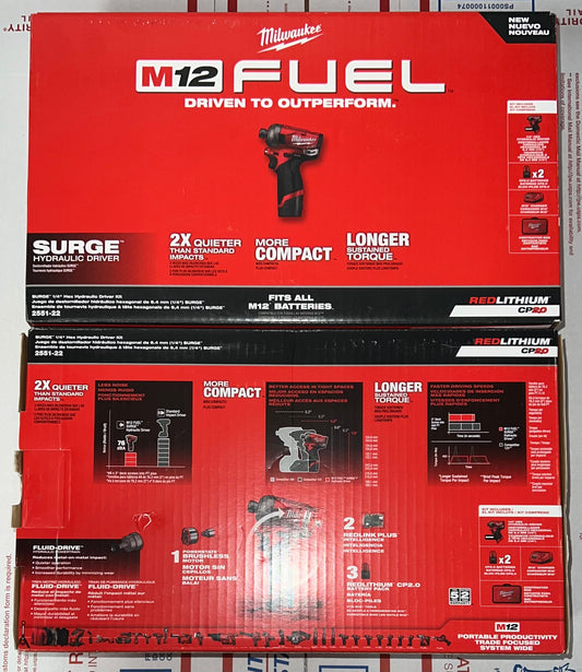 Milwaukee M12 Fuel SURGE 1/4" Hex Hydraulic Driver Kit. Model #2551-22